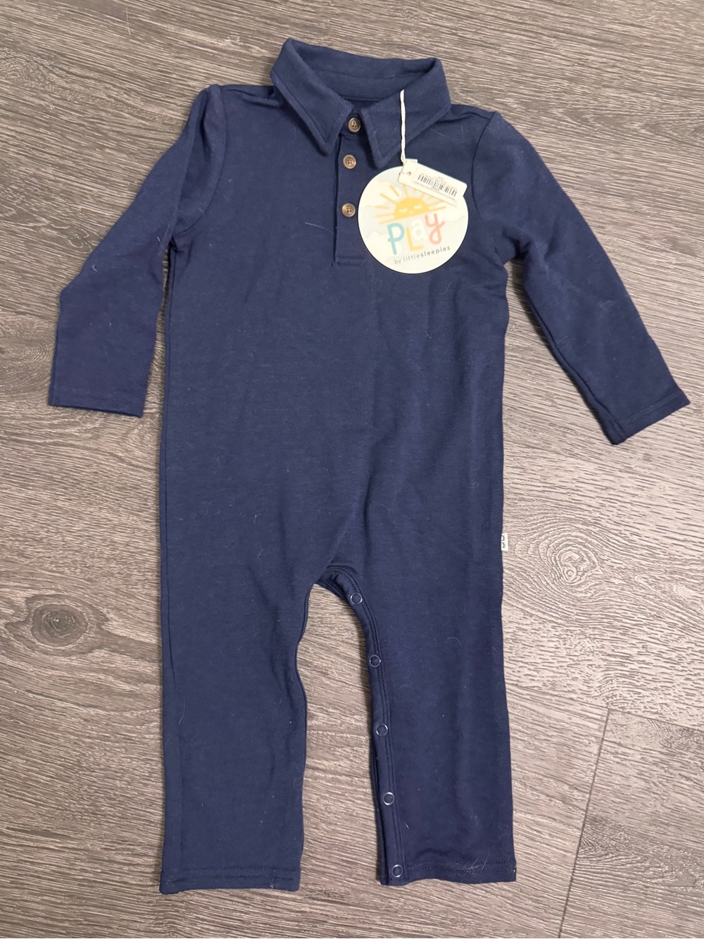 Little Sleepies Navy Long Sleeve Baby Polo Bamboo Romper 6-12 NWT